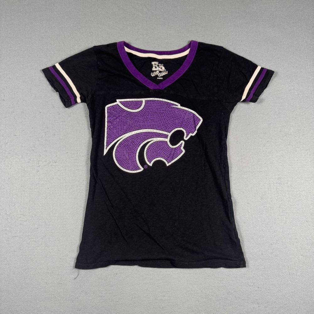 E5 Kansas State Wildcats T Shirt Women Small Black Rhinestone Bling Go Cats Tee